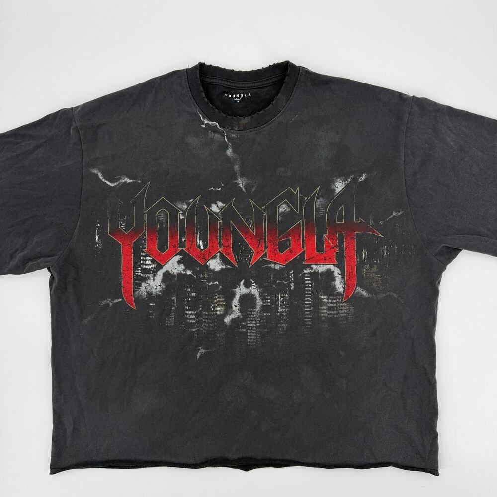 YoungLA 4181 Dark Night Tee Mens S Black Wash Cropped Graphic Gym Streetwear